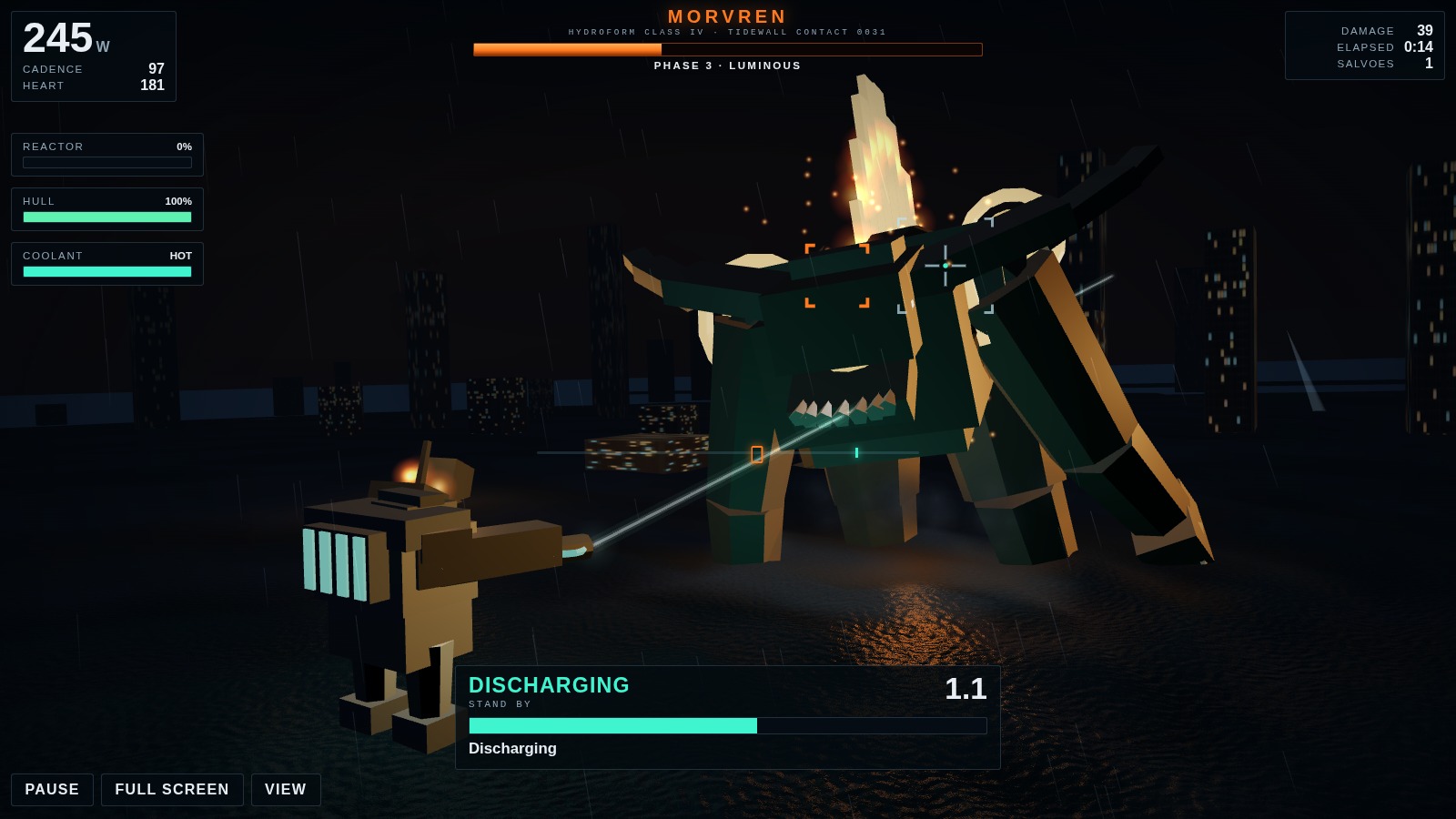 A mech standing in a flooded city firing a beam at an enormous creature in the rain