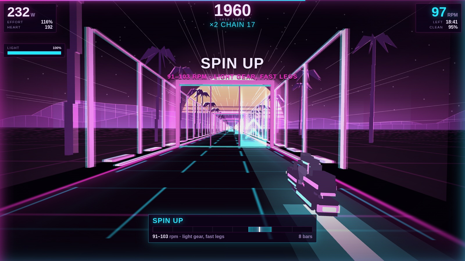A neon canyon at night with glowing arches and a gridded sun on the horizon