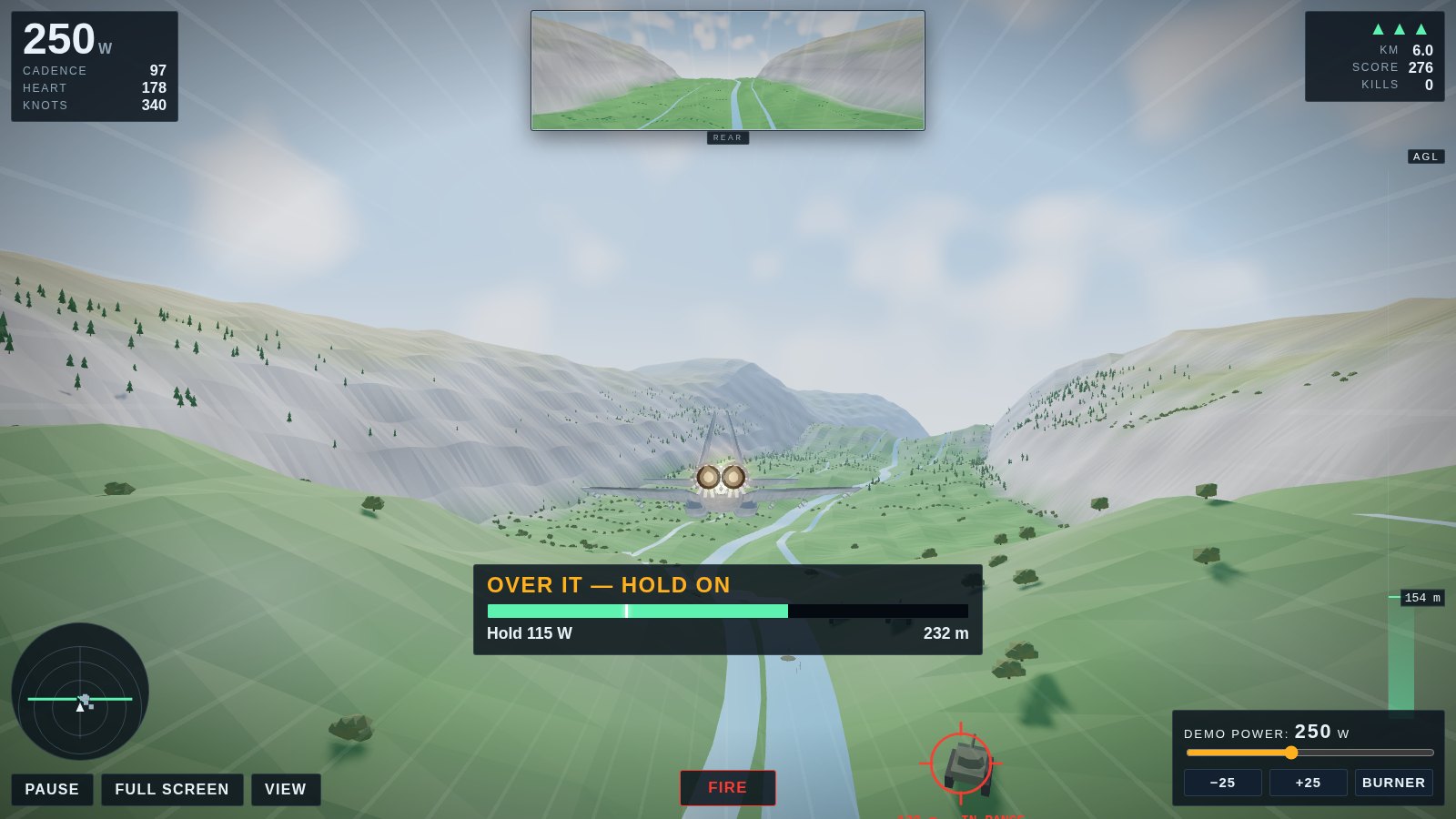 A fighter jet low over a green valley with a river and farms below
